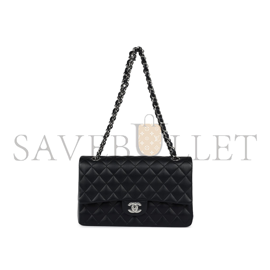 Ch*el master medium classic double flap black lambskin silver hardware a01112  (25.5*15.5*6.5cm)